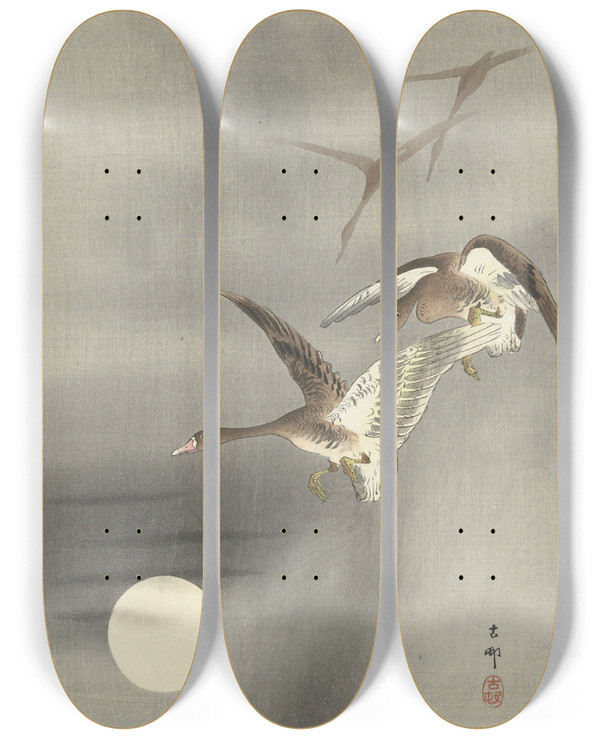 Triptych art skateboard deck of Ohara Koson Geese In Flight by Ohara Koson (1877-1945)