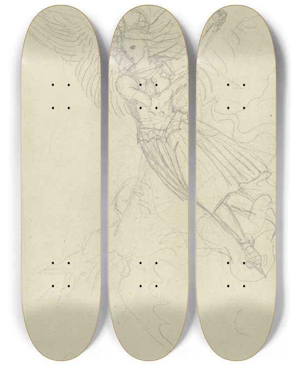 Triptych art skateboard deck of Peter Von Cornelius Der Heilige Michael Den Drachen Bezwingend by Peter Von Cornelius (1784-1867)