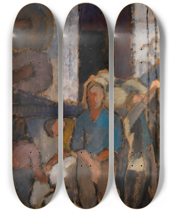 Triptych art skateboard deck of Alvar Cawn At The Factory by Alvar Cawen (1886-1935)