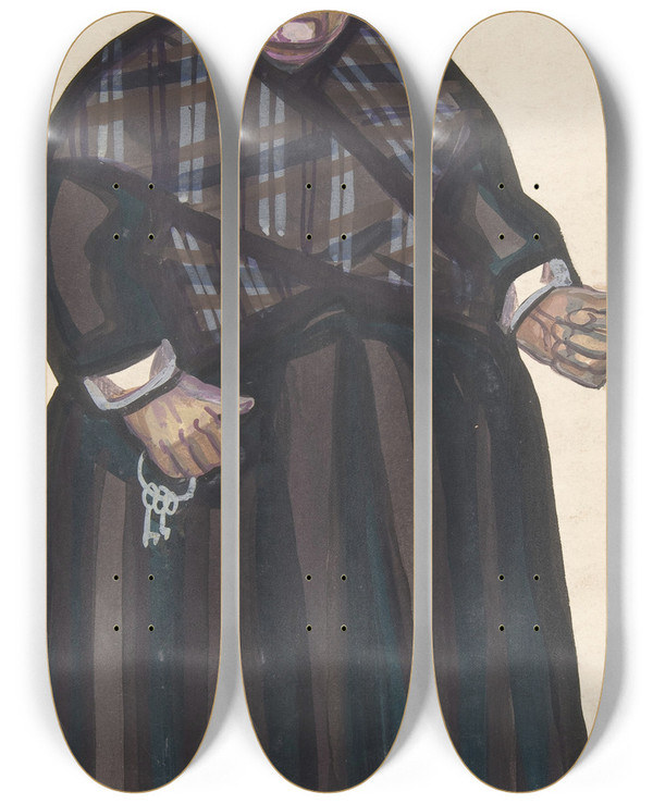 Triptych art skateboard deck of Sergey Yurievich Sudeikin Old Woman Holding Keys by Sergey Yurievich Sudeikin (1882-1946)