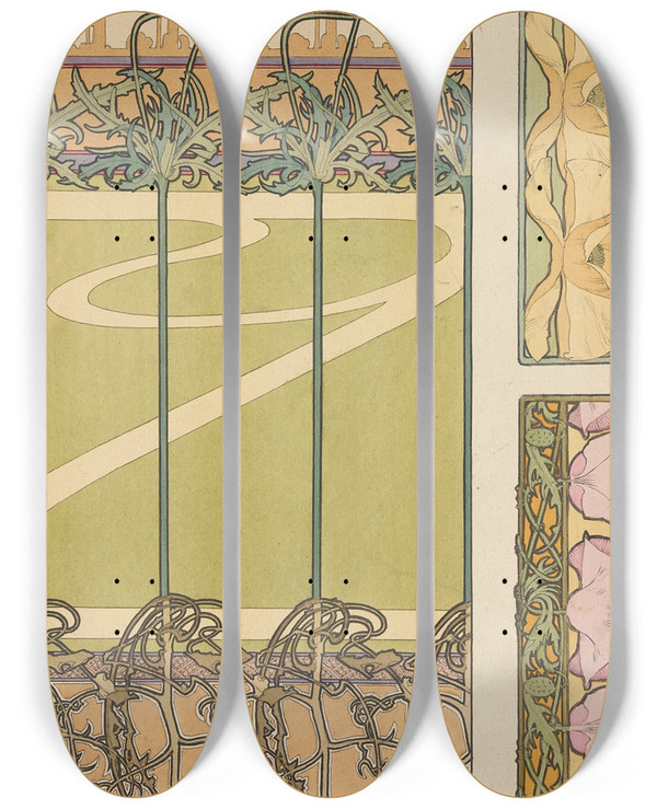 Triptych art skateboard deck of Alphonse Mucha Untitled_2 by Alphonse Mucha (1860-1939)
