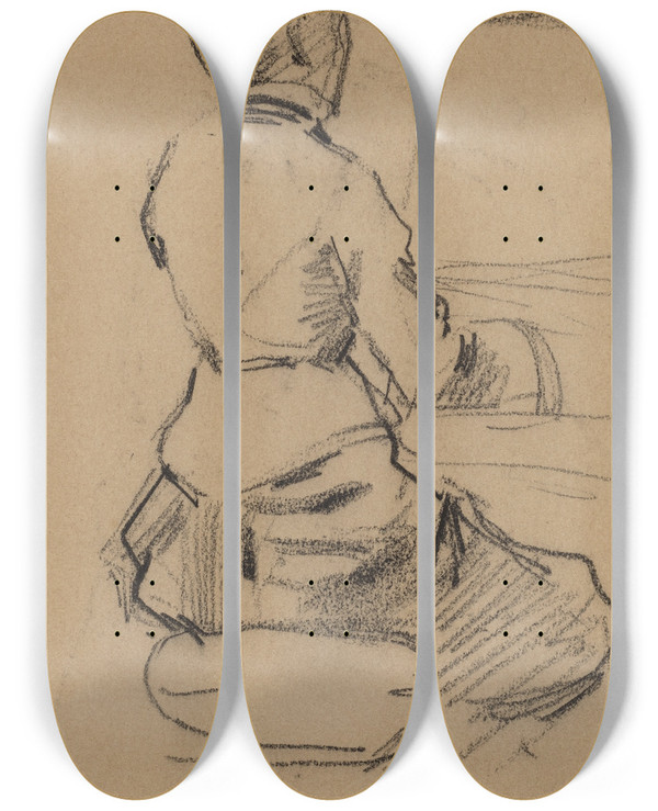 Triptych art skateboard deck of Jeanlouis Forain Young Woman Seated At A Piano Verso by Jean Louis Forain (1852-1931)