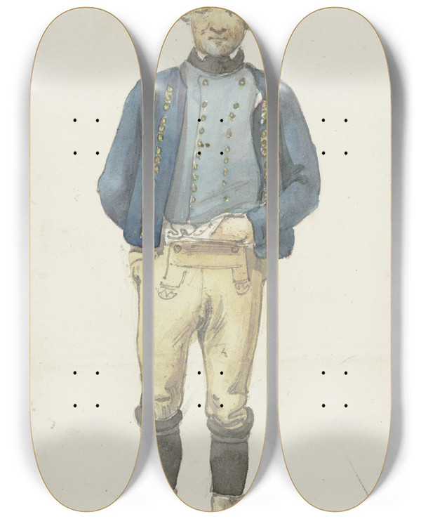 Triptych art skateboard deck of Jakob Frchtegott Dielmann Bauer Aus Wallau Mit Schwarzen Strmpfen Und Weien Gamaschen by Jakob Furchtegott Dielmann (1809-1885)