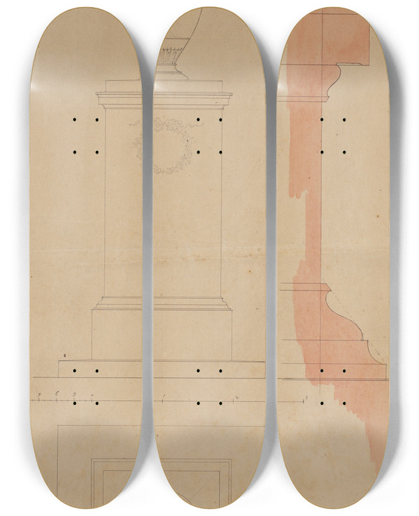 Triptych art skateboard deck of Nicolai Abildgaard Piedestal Til En Vase Udkast Med Opstalt Snit Og Profil Samt Angivelse Af Mlestoksforhold by Nicolai Abildgaard (1743-1809)