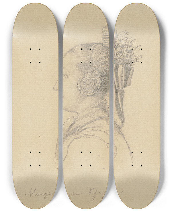 Triptych art skateboard deck of Johann Jakob Hoff Hessisches Bauernmdchen Mit Brautkrone by Johann Jakob Hoff (1838-1892)