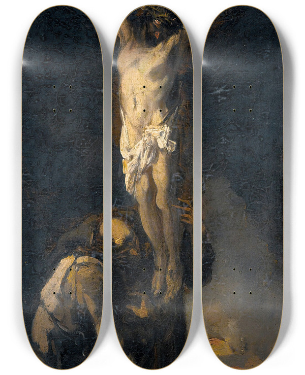 Triptych art skateboard deck of Alessandro Magnasco The Crucifixion by Alessandro Magnasco (1667-1749)