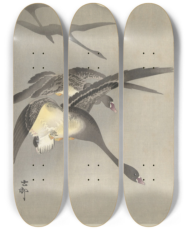Triptych art skateboard deck of Ohara Koson Geese At Full Moon_2 by Ohara Koson (1877-1945)