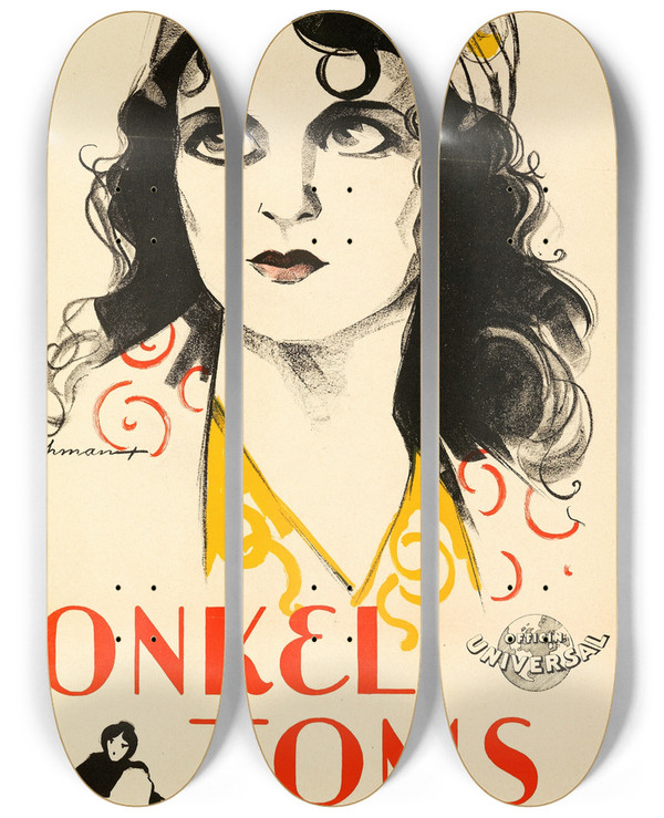 Triptych art skateboard deck of Eric Rohman Uncle Toms Cabin Eliza by Eric Rohman (1891-1949)