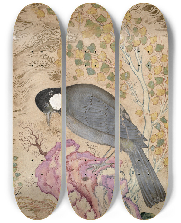 Triptych art skateboard deck of Muin Musavvir Whiteeared Bulbul Perched On A Pinkrock by Muin Musavvir (1630)