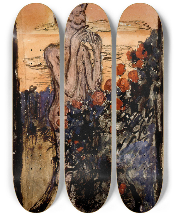 Triptych art skateboard deck of Hugo Simberg The Devil In The Rose Bush by Hugo Simberg (1873-1917)