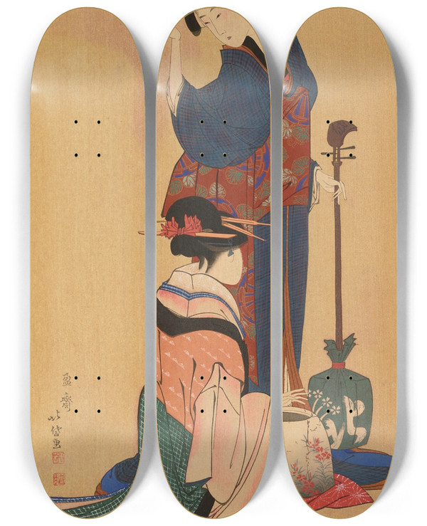 Triptych art skateboard deck of Shiichi Tajima Masterpieces Selected From The Ukiyoye School Pl33 by Shiichi Tajima (1869-1920)