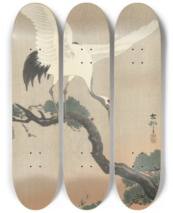 Triptych art skateboard deck of Ohara Koson Japanese Common Crane On Branch Of Pine by Ohara Koson (1877-1945)