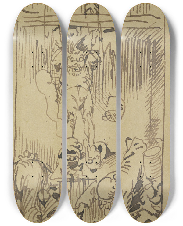 Triptych art skateboard deck of Wilhelm Busch Und Hoppenstedt Wie Er Sich Stemme Saust Schon In Topf Und Butterbemme by Wilhelm Busch (1832-1908)