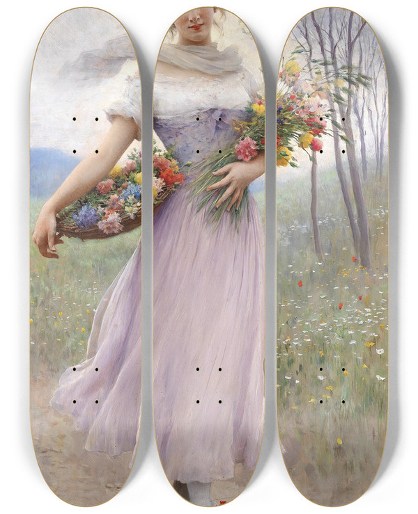 Triptych art skateboard deck of Eugen Von Blaas Mdchen In Fliederfarbenem Kleid by Eugen Von Blaas (1843-1931)
