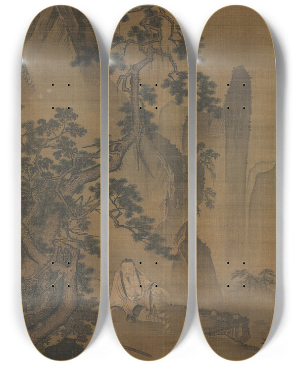 Triptych art skateboard deck of Dai Jin The Hermit Xu You Resting By A Stream by Dai Jin (1388-1462)