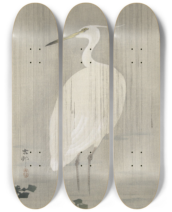 Triptych art skateboard deck of Ohara Koson Egret In Rain by Ohara Koson (1877-1945)