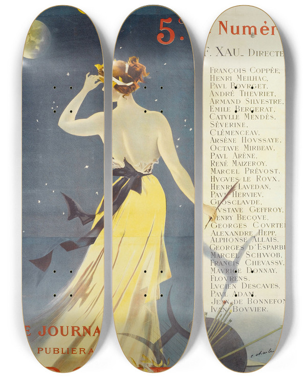 Triptych art skateboard deck of Charles Lucas Le Journal 5C Le Numro by Charles Lucas (1871-1930)