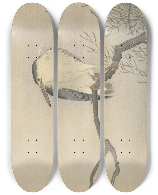 Triptych art skateboard deck of Ohara Koson Quack On Whimsical Branch by Ohara Koson (1877-1945)