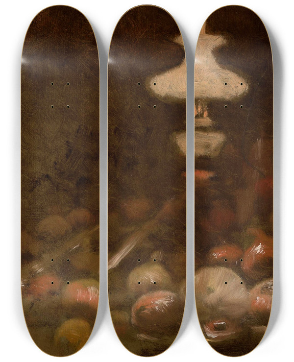 Triptych art skateboard deck of Wadysaw Aleksander Malecki Oil Lamp And Fruits by Wladyslaw Aleksander Malecki (1836-1900)