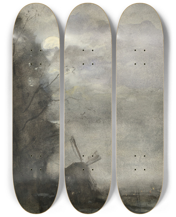 Triptych art skateboard deck of Jacob Maris Landschap Met Molen Bij Maanlicht by Jacob Maris (1837-1899)