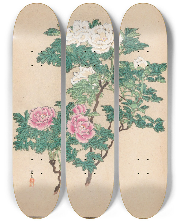 Triptych art skateboard deck of Nanbara Sakujir Shubi Gakan Pl20 by Nanbara Sakujiro (1889)