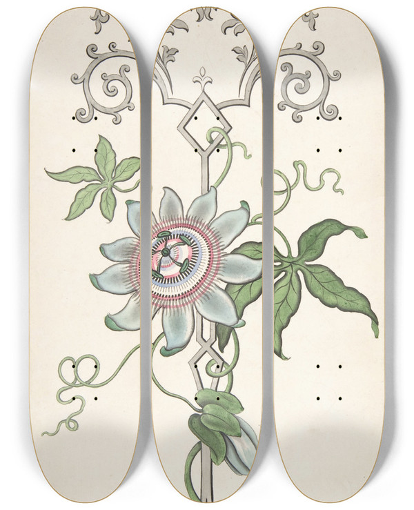 Triptych art skateboard deck of J Hulme Design For Panel Decoration Centered On A Passion Flower by J Hulme (1828-1840)
