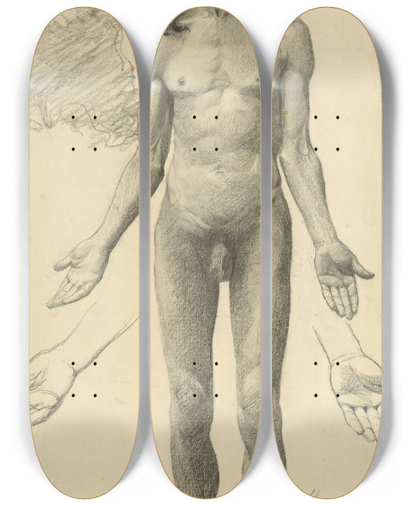 Triptych art skateboard deck of Ferdinand Katona Nude Man by Ferdinand Katona (1864-1932)