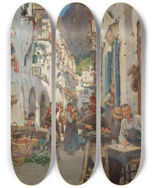 Triptych art skateboard deck of Pietro Scoppetta Via Con Terrazze Ad Amalfi by Pietro Scoppetta (1863-1920)