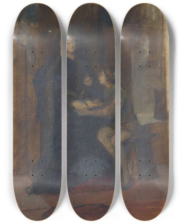Triptych art skateboard deck of Susanne Renate Granitsch Lskizze Einer In Einem Innenraum Sitzenden Frau In Langem Gewand Vor Ihr Ein Sitzender Page Mit Aufgeschlagenem Buch by Susanne Renate Granitsch (1869-1946)