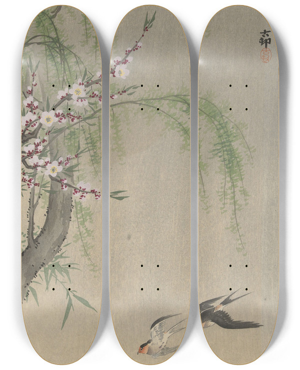 Triptych art skateboard deck of Ohara Koson Swallows In Flight by Ohara Koson (1877-1945)