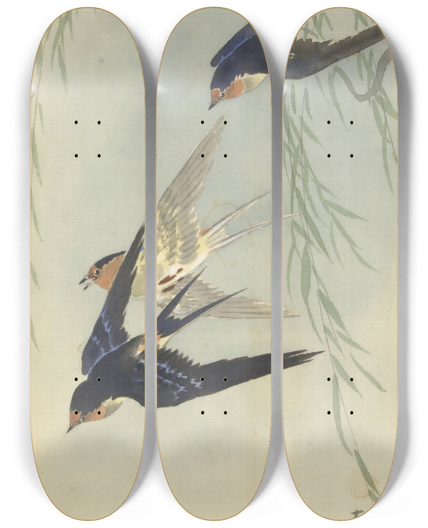 Triptych art skateboard deck of Ohara Koson Three Birds In Full Flight by Ohara Koson (1877-1945)