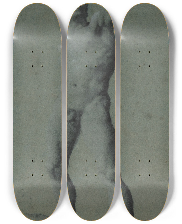 Triptych art skateboard deck of Pierrepaul Prudhon Male Nude Study by Pierre-Paul Prud'hon (1758-1823)