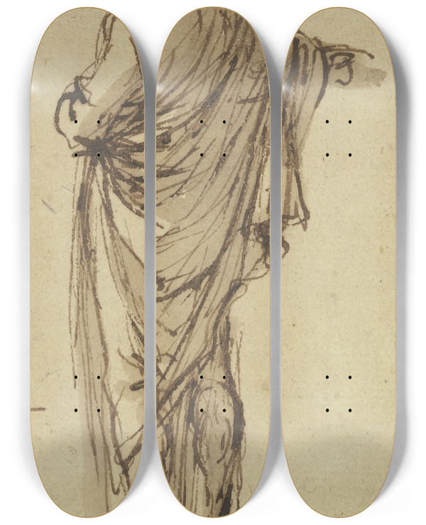 Triptych art skateboard deck of Salvator Rosa A Man Seen From The Rear Points To The Right by Salvator Rosa (1615-1673)