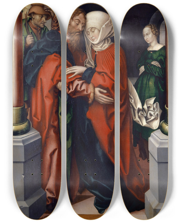 Triptych art skateboard deck of Hans Fries Joachim And Anne At The Golden Gate by Hans Fries (1465-1523)