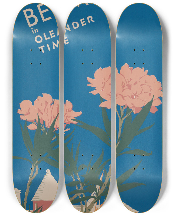 Triptych art skateboard deck of Adolph Treidler Bermuda In Oleander Time by Adolph Treidler (1886-1981)
