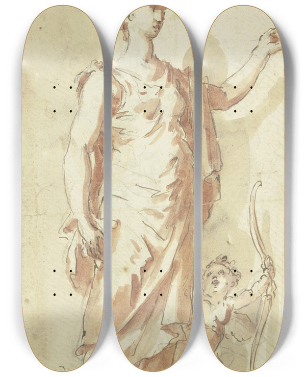 Triptych art skateboard deck of Gaspare Diziani Venus Mit Cupido Scheinskulptur by Gaspare Diziani (1689-1767)