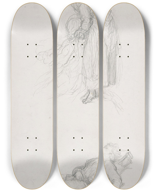 Triptych art skateboard deck of Franoisclaudius Comptecalix Study Of A Standing Woman With A Sitting Man Study Of A Resting Artist by Franois-Claudius Compte-Calix (1813-1880)