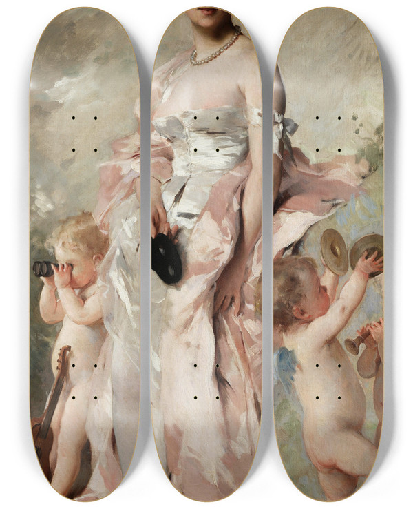 Triptych art skateboard deck of Charles Chaplin Young Woman In Ball Dress With Putti by Charles Chaplin (1825-1891)