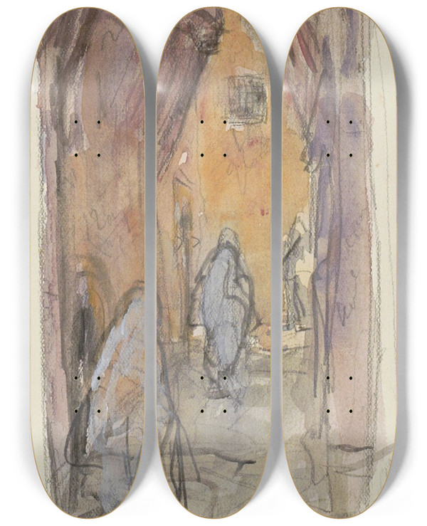 Triptych art skateboard deck of Marius Bauer Steeg Met Gesluierde Figuren In Biskra by Marius Bauer (1867-1932)