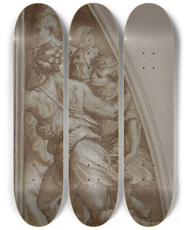 Triptych art skateboard deck of Giorgio Vasari Youth Running by Giorgio Vasari (1511-1574)