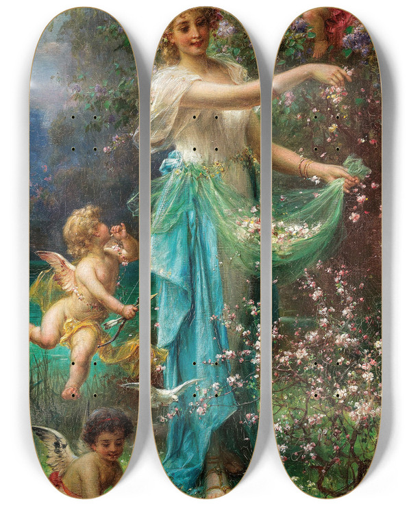 Triptych art skateboard deck of Hans Zatzka An Allegory Of Spring With Cupid by Hans Zatzka (1859-1945)