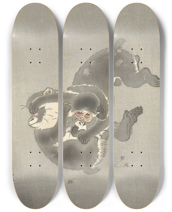 Triptych art skateboard deck of Ohara Koson Two Monkeys Playing by Ohara Koson (1877-1945)