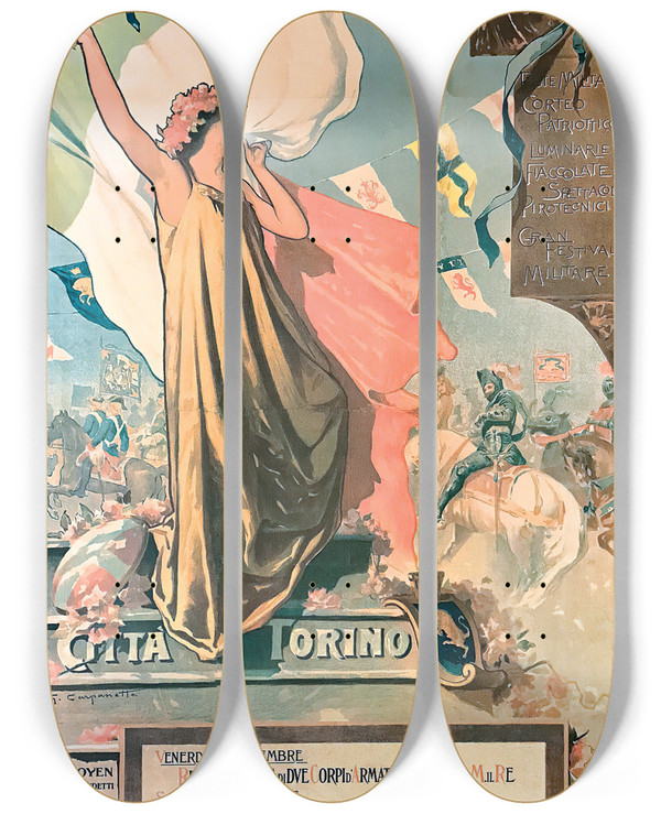 Triptych art skateboard deck of Giovanni Battista Carpanetto 9 Settembre 1899 Inaugurazione Al Monumento Di Vittorio Emanuele Ii by Giovanni Battista Carpanetto (1863-1928)