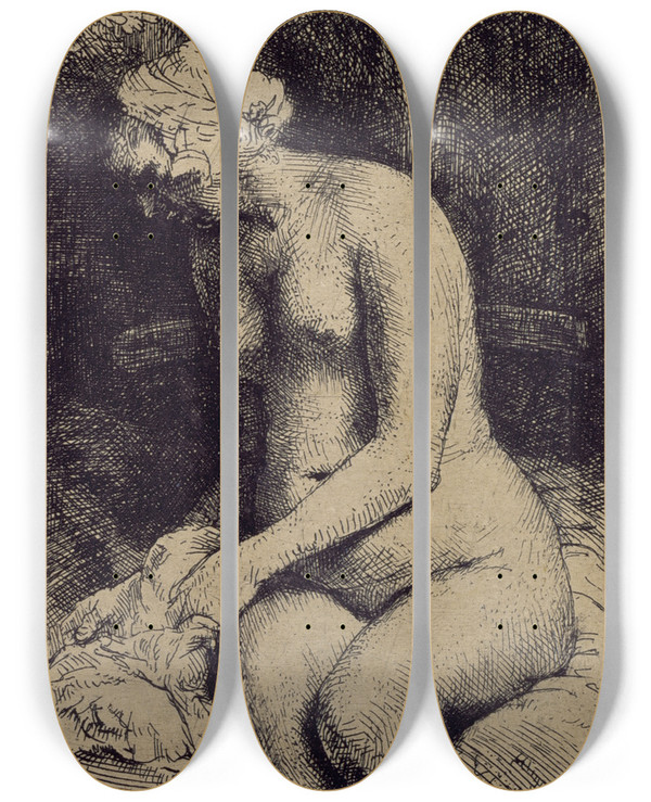 Triptych art skateboard deck of Rembrandt Van Rijn A Woman Bathing Her Feet At A Brook by Rembrandt Van Rijn (1606-1669)