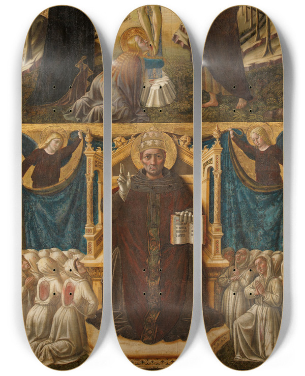 Triptych art skateboard deck of Niccol Di Liberatore Christus Am Kreuz Mit Maria Johannes Und Magdalena Darunter Der Heilige Gregor by Niccol di Liberatore