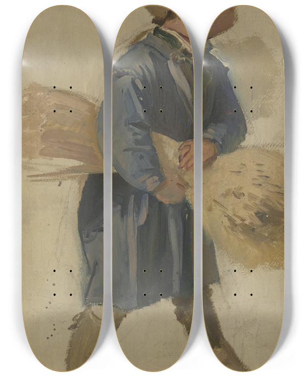 Triptych art skateboard deck of Jakob Becker Bauernjunge Mit Garbe Unterm Arm_2 by Jakob Becker (1810-1872)