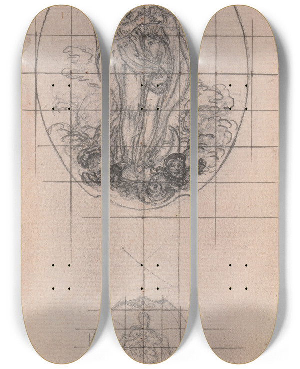 Triptych art skateboard deck of Hubertfranois Gravelot Design For A Medal Figure Of The Virgin by Hubert-Franois Gravelot (1699-1773)