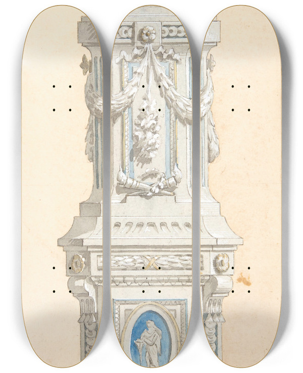 Triptych art skateboard deck of Julesedmondcharles Lachaise Design For An Ornamented Stone Pedastal Surmounted By An Urn by Jules-Edmond-Charles Lachaise (1897)