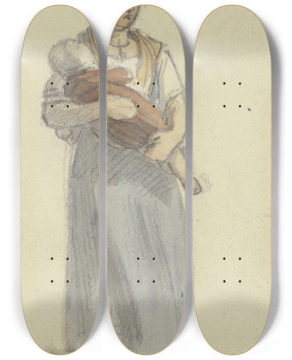 Triptych art skateboard deck of Jakob Frchtegott Dielmann Bauersfrau In Hemdsrmeln Blauem Kleid Sie Hat Ein Kleines Kind Auf Dem Armen by Jakob Furchtegott Dielmann (1809-1885)