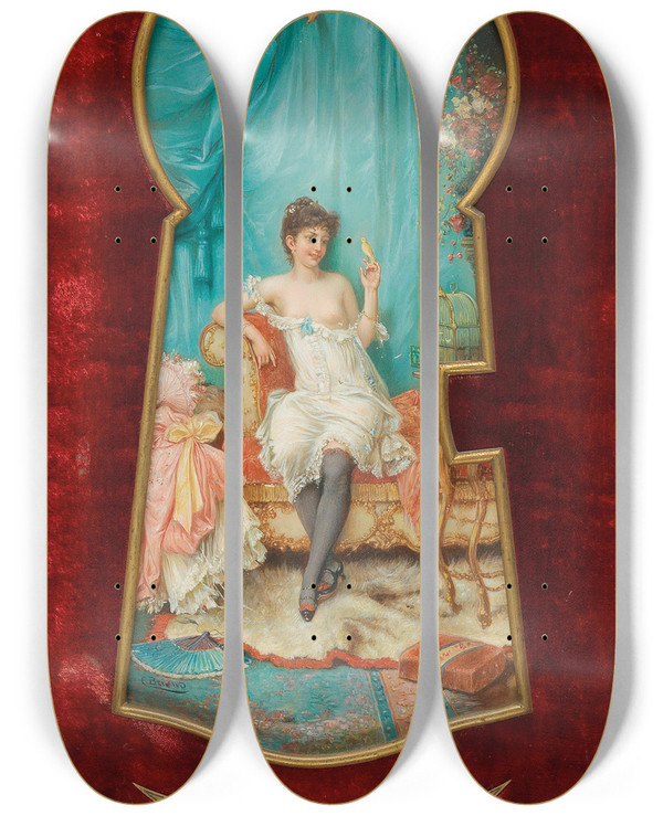 Triptych art skateboard deck of Hans Zatzka Un Regard Par Le Trou De La Serrure Through The Keyhole by Hans Zatzka (1859-1945)